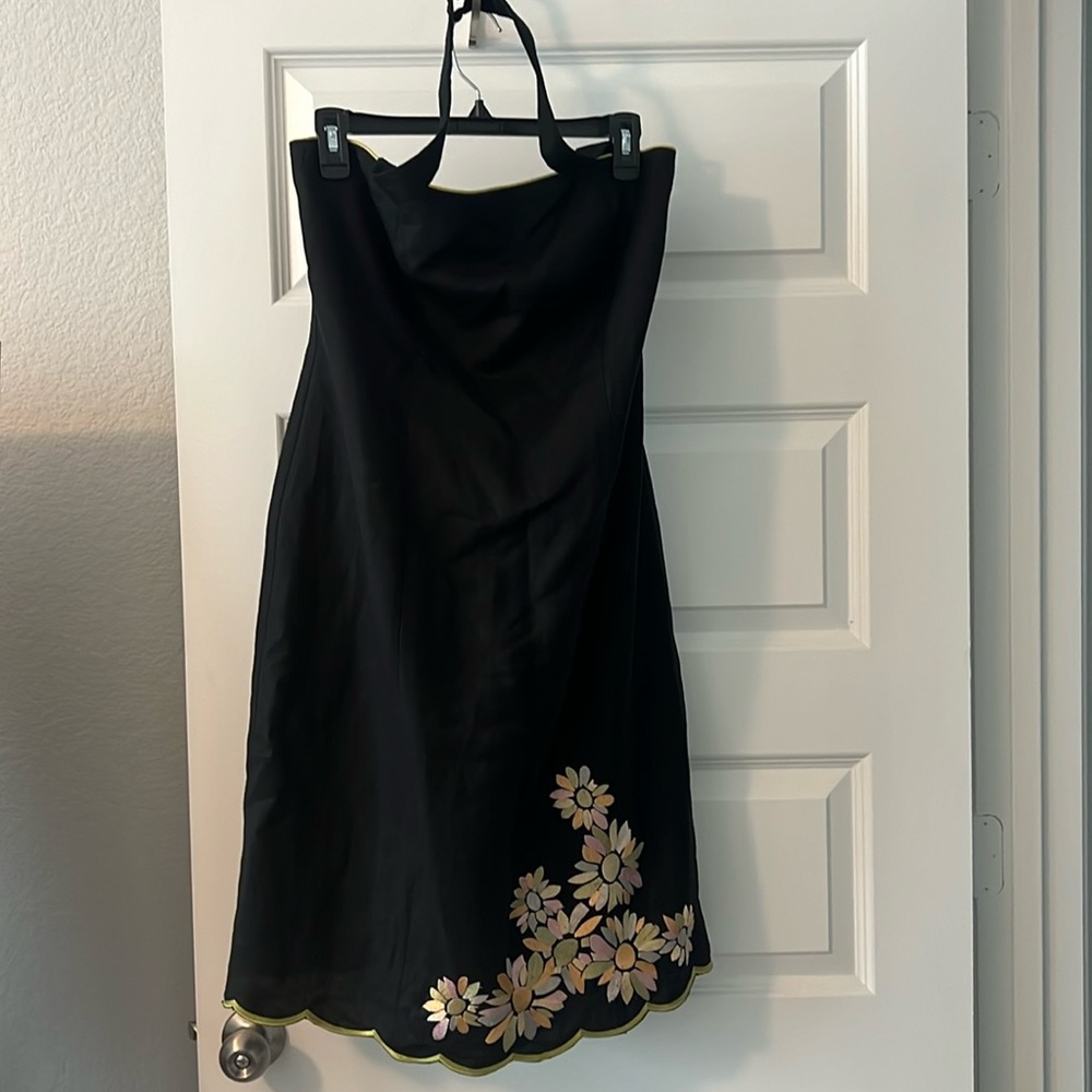Jessica Howard black floral embroidered halter dress linen blend lined size 12